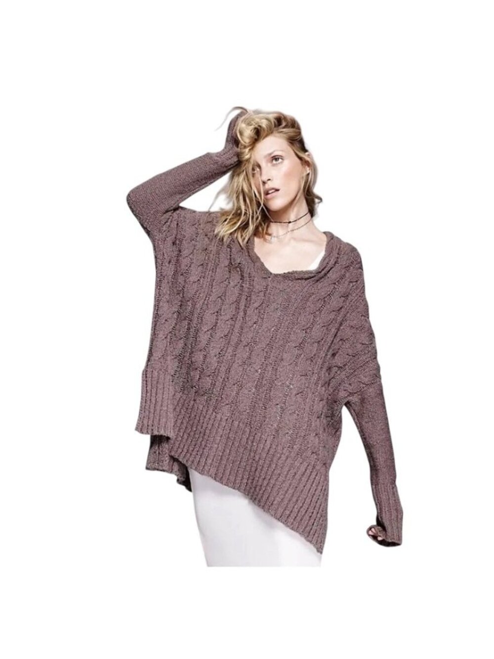 Free People Easy Cable Oversized Sweater Mocha Size L Boho Hippie Cottagecore